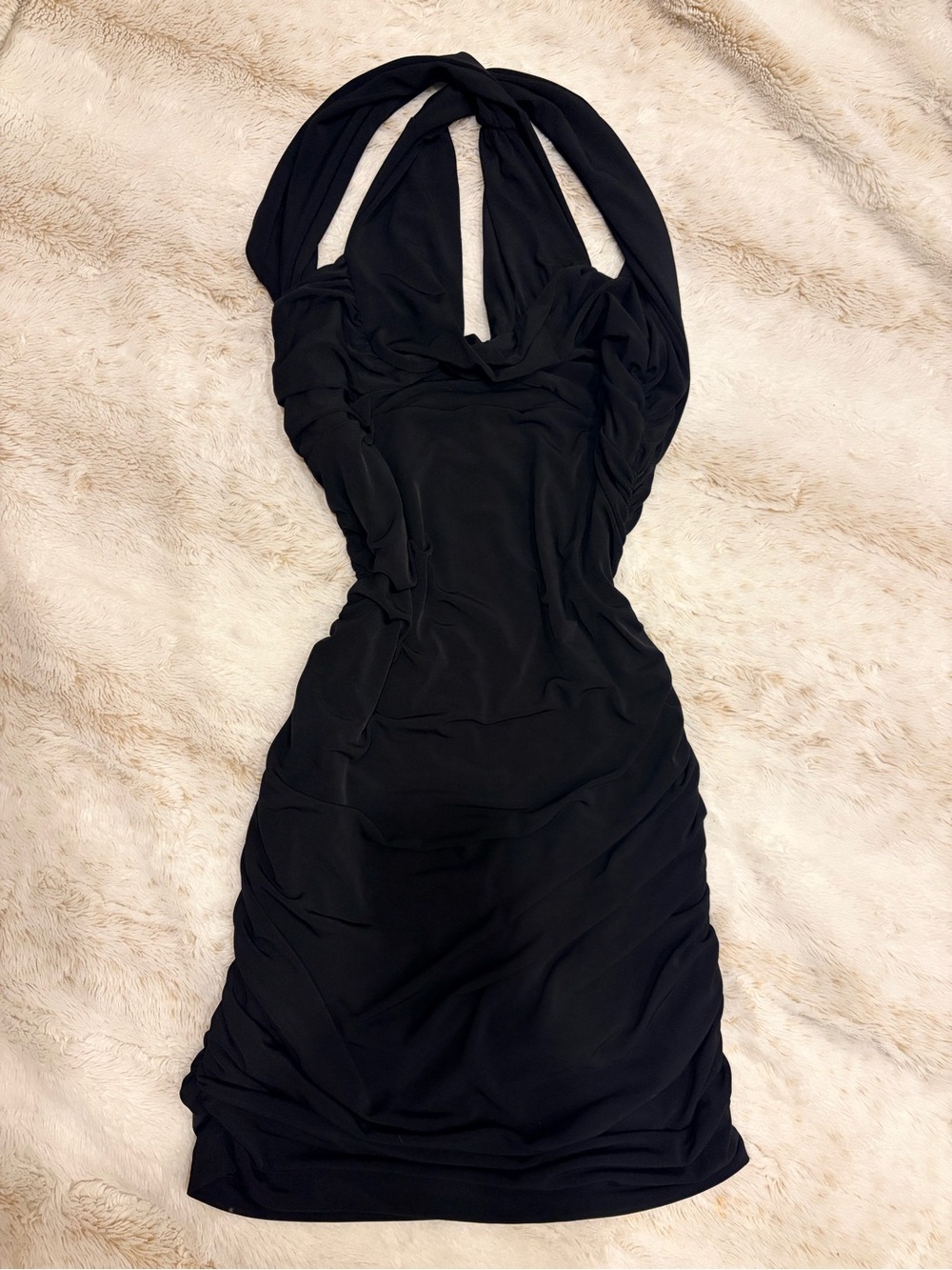 🖤 GUESS Y2K Black Ruched Bodycon Mini Dress Halter Open Back McBling Going Out